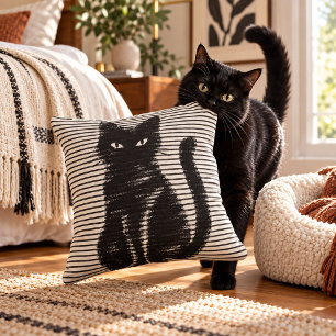 Retro Distressed Black Cat Graphic Accent Pillow