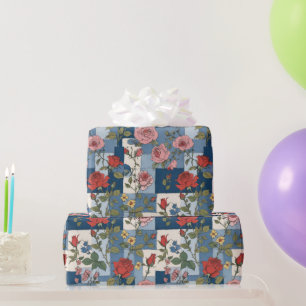 Retro Distressed Denim Patchwork and Roses Floral Wrapping Paper