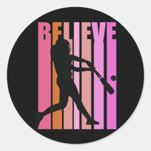 Retro Distressed Girl Baseball Batting Womens Classic Round Sticker