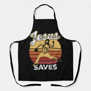 Retro Distressed Jesus Saves Baseball Pitcher Fan  Apron
