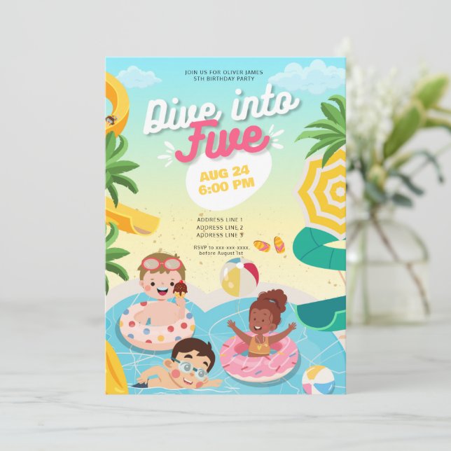 Retro dive into five 5th birthday invitation (Standing Front)