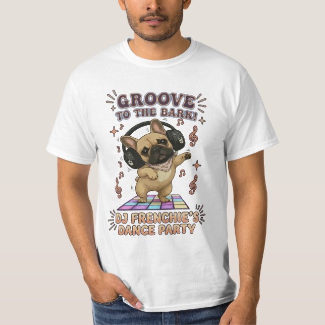Retro DJ Frenchie Dance Party Graphic T-Shirt (Front)