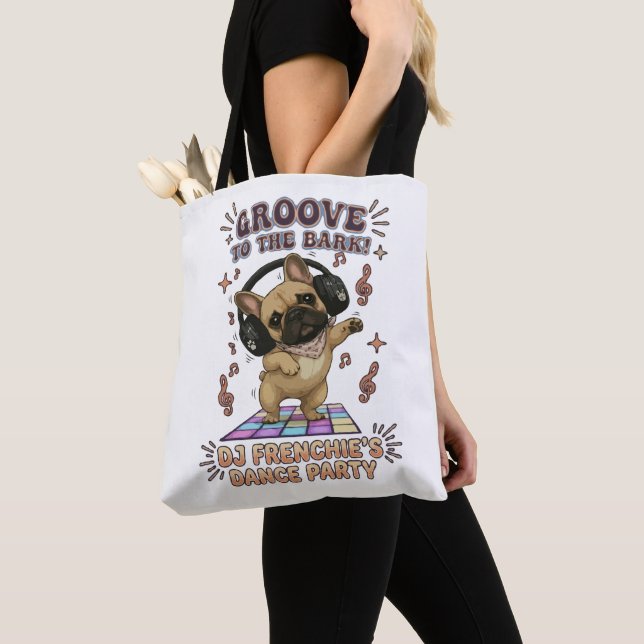 Retro DJ Frenchie Dance Party Graphic Tote Bag (Close Up)