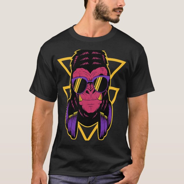 Retro DJ Gorilla with Headphones Silverback Monkey T-Shirt (Front)