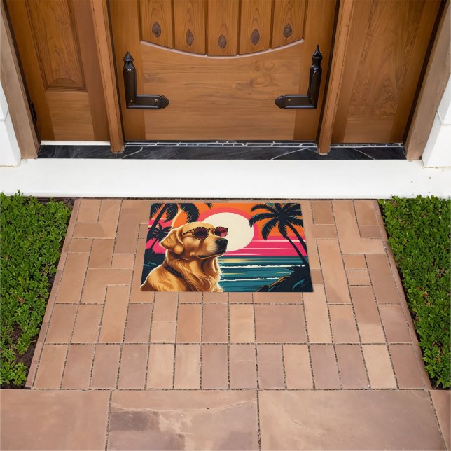 Retro Dog Sunglasses Vintage Sunset Beach  Doormat (Outdoor)