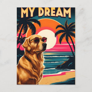 Retro Dog Sunglasses Vintage Sunset Beach Holiday Postcard