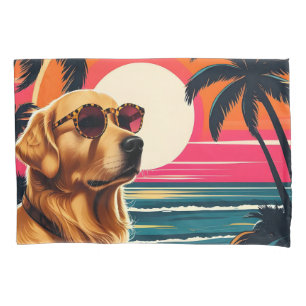 Retro Dog Sunglasses Vintage Sunset Beach Pillowcase