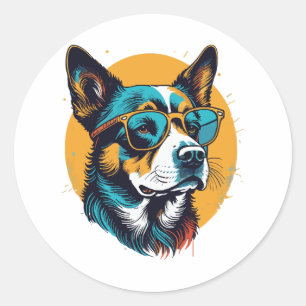 Retro Dog wearing sunglasses Classic Round Sticker