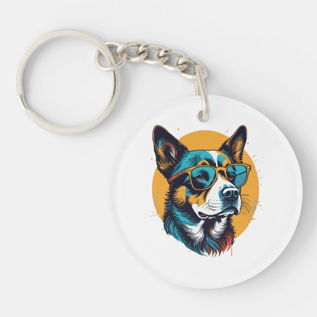 Retro Dog wearing sunglasses Key Ring (Front)