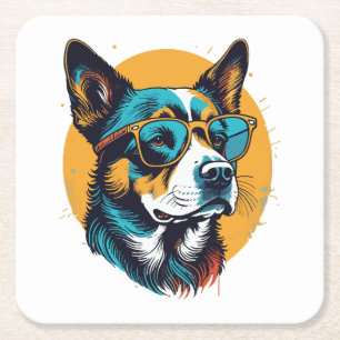 Retro Dog wearing sunglasses Square Paper Coaster