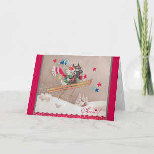 Retro Dogs Skiing Christmas Greeting Card