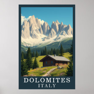 Retro Dolomites Italy Mountain Alpine Cabin Art Poster
