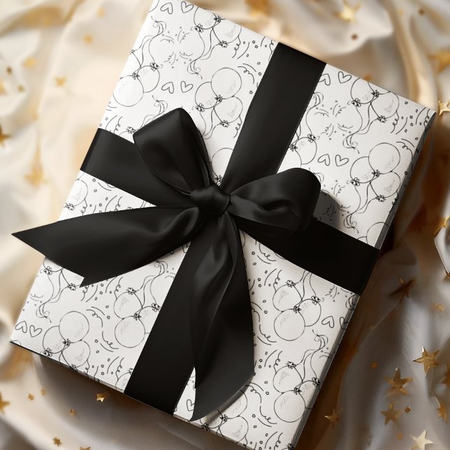 Retro Doodle Balloon & Hearts Happy Birthday  Wrapping Paper (Creator Uploaded)