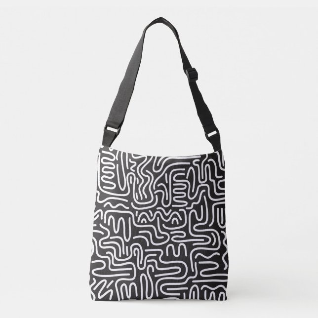 Retro Doodle Wavy Lines: Monochrome Crossbody Bag (Front)