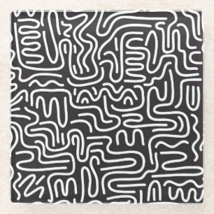 Retro Doodle Wavy Lines: Monochrome Glass Coaster