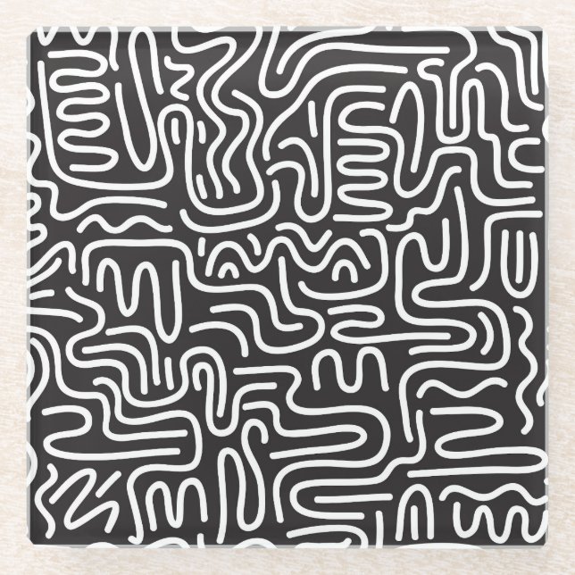 Retro Doodle Wavy Lines: Monochrome Glass Coaster (Front)