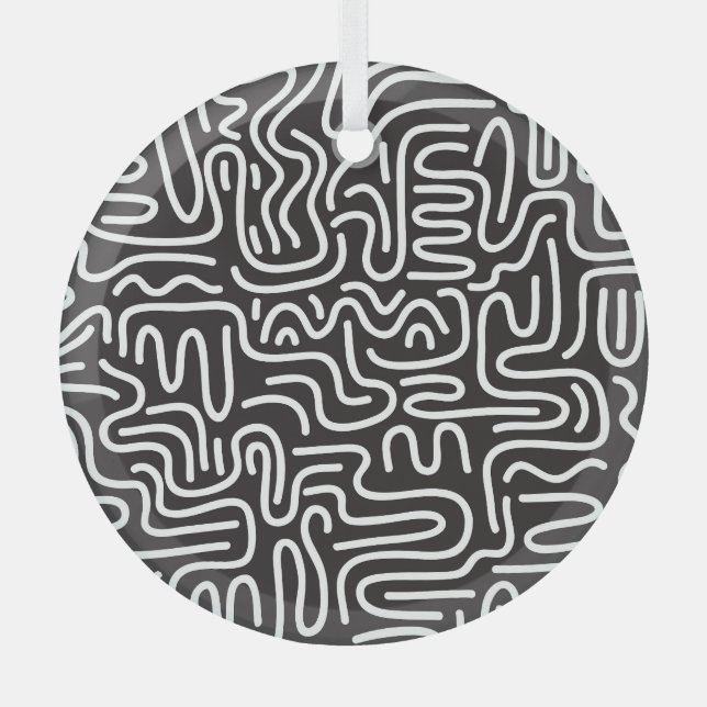 Retro Doodle Wavy Lines: Monochrome Glass Tree Decoration (Front)