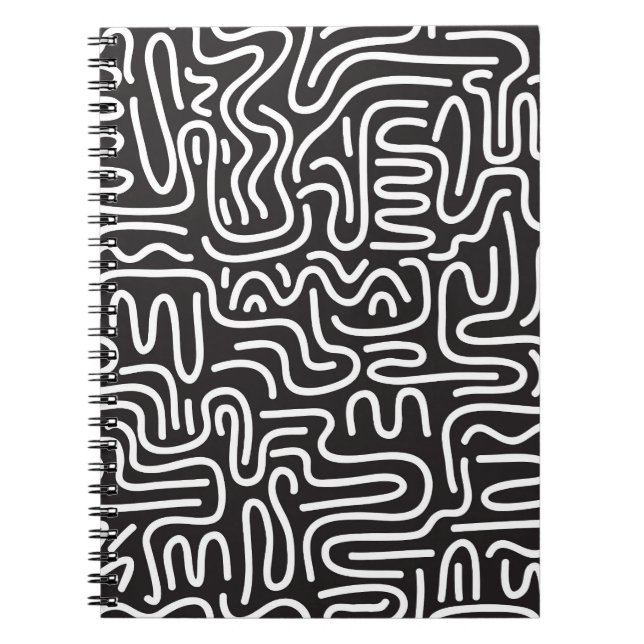 Retro Doodle Wavy Lines: Monochrome Notebook (Front)
