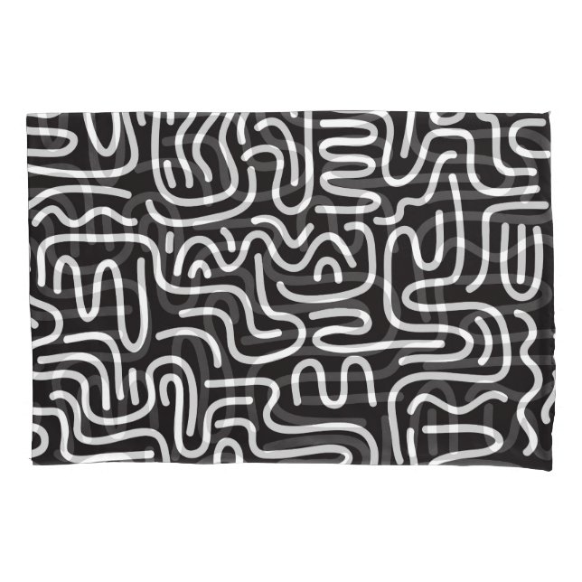 Retro Doodle Wavy Lines: Monochrome Pillowcase (Front)
