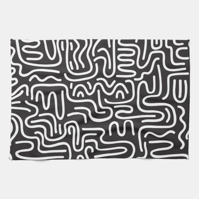 Retro Doodle Wavy Lines: Monochrome Tea Towel (Horizontal)