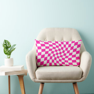Retro Dorm Hot Pink Warped Checks Chequered  Lumbar Cushion