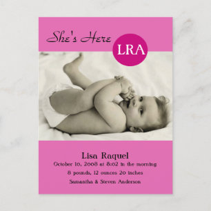 Retro Dot Photo Birth Announcement (Pink) Postcard