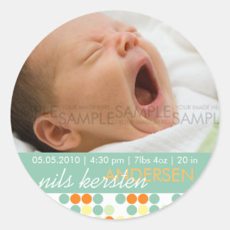 Retro Dots Aqua • Baby Announcement Classic Round Sticker