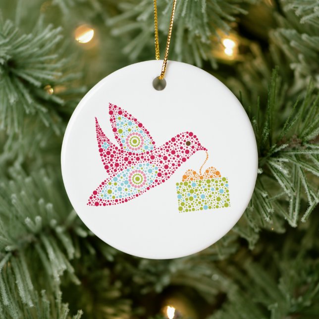 Retro Dots Christmas Bird, Peace Dove Ceramic Tree Decoration (Tree)