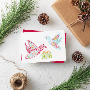Retro Dots Christmas Doves Blank Flat Card
