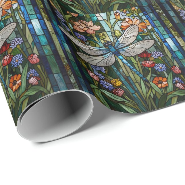 Retro Dragonfly boho floral botanical stain glass Wrapping Paper (Roll Corner)