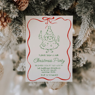 Retro Drawn Green Red Christmas Fun Tree Party Invitation