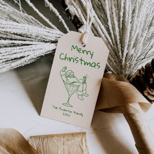 Retro Drawn Green Santa Claus Merry Christmas Gift Tags