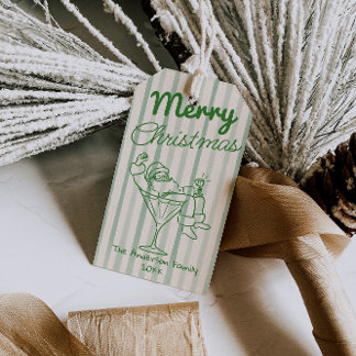 Retro Drawn Green Stripes Santa Claus Christmas Gift Tags