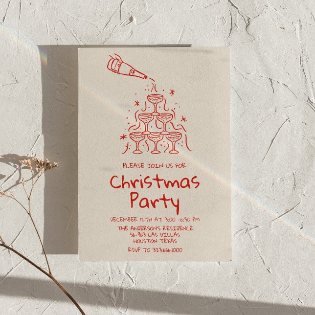 Retro Drawn Red Champagne Tower Christmas Party Invitation (Creator Uploaded)