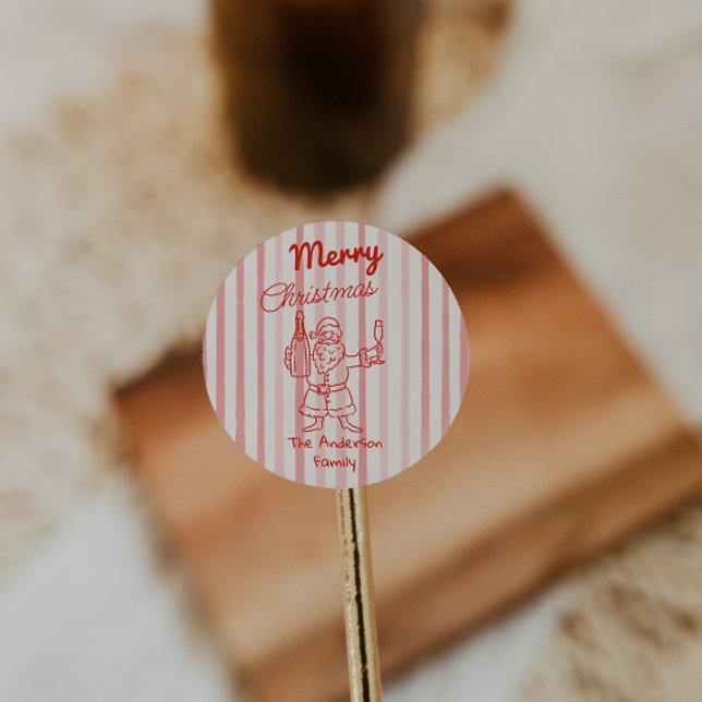 Retro Drawn Red Stripes Santa Claus Christmas Classic Round Sticker (Creator Uploaded)