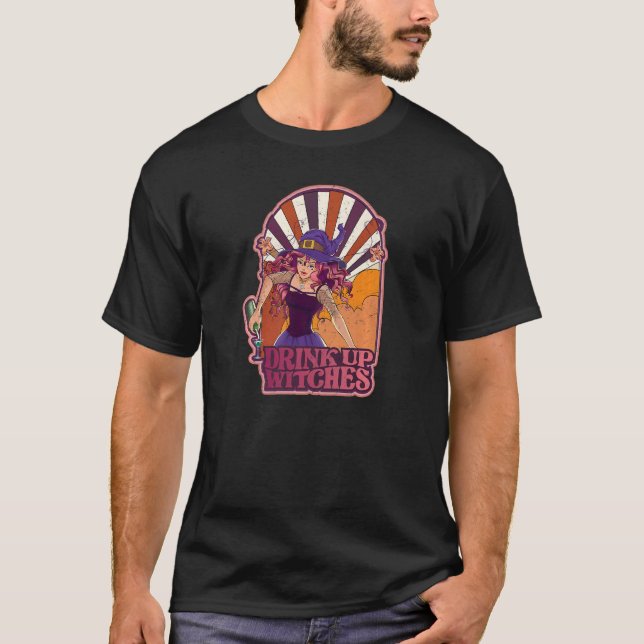 Retro Drink Up Witches Skeleton Witch Vibes Spooky T-Shirt (Front)