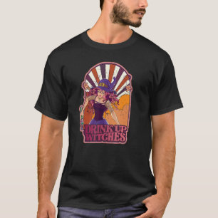 Retro Drink Up Witches Skeleton Witch Vibes Spooky T-Shirt