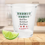 Retro Drunko Bunco Shot Glass<br><div class="desc">Retro Bunco design with red dice.  Design includes 50's retro colours.  Good friends,  good times and good laughs makes a great prize or gift. Add the year that your group started. How We Roll Since ... </div>