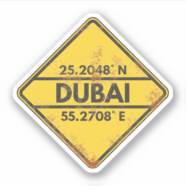 Retro Dubai Coordinates Rusty Metal Sign Sticker (Front)