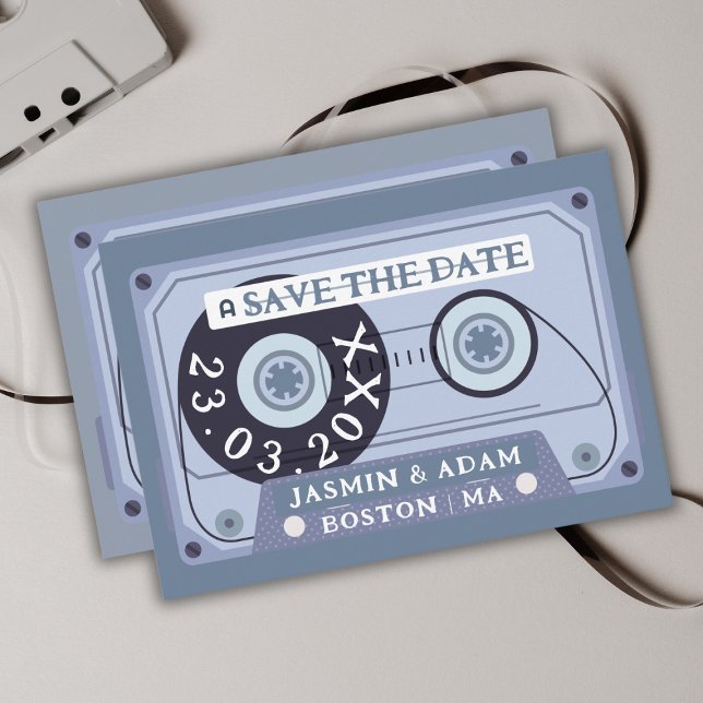 Retro Dusty Blue Cassette Tape Wedding Save The Date (Creator Uploaded)