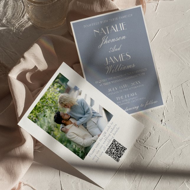 Retro Dusty Blue Old Money QR Code Photo Wedding Invitation (Creator Uploaded)