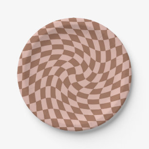 Retro Dusty Brown Pink Checks Warped Chequerboard  Paper Plate