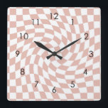 Retro Dusty Sand Pink Checks Warped Chequered    Square Wall Clock<br><div class="desc">Perfect warped chequered design pillow in pastel colours,  full of great vibes. Modern warped checkers pattern. This nice retro psychedelic design takes you to the wonderland. Warped checks in pastel colours. Twirl and swirl checks,  chequered pastel pattern</div>