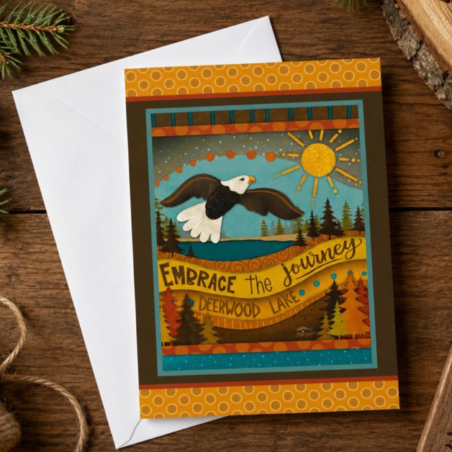 Retro Eagle Lake Quote Colourful Flat Card (Embrace the Journey inspiration card with colorful hand drawn eagle design by Inspirivity)