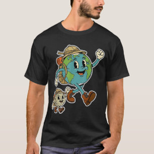 Retro earth moon hiking adventure cartoon earth T-Shirt