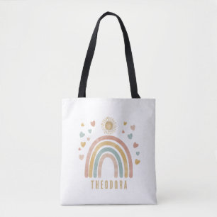 Retro Earthy Colors Watercolor Rainbow and Sun Tote Bag