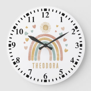 Retro Earthy Colours Watercolor Rainbow and Sun Large Clock