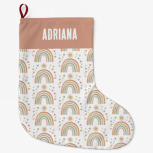 Retro Earthy Colours Watercolor Rainbow Sun Name Large Christmas Stocking