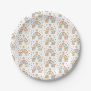 Retro Earthy Colours Watercolor Rainbow Sun Patter Paper Plate