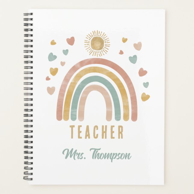 Retro Earthy Colours Watercolor Rainbow Sun Teache Planner (Front)